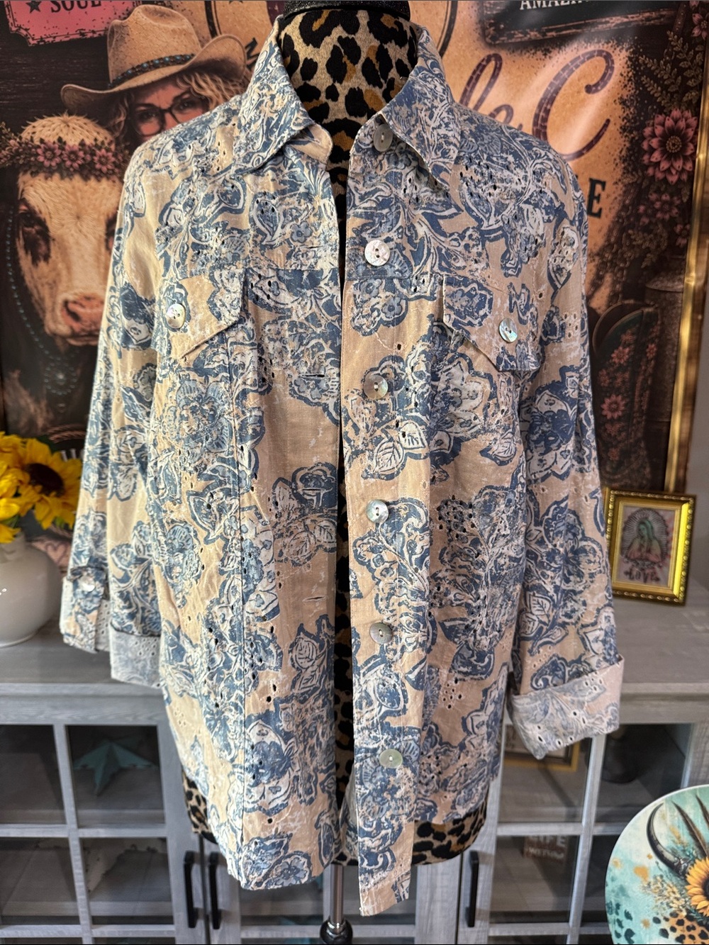 RUBY RD. Woven Blue & Cream Printed Button-Front Jacket Sz 18W